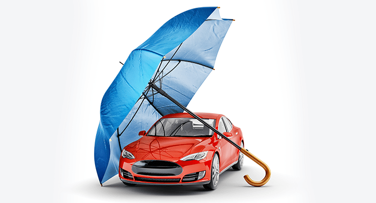 Car being protected by the umbrella of insurance.